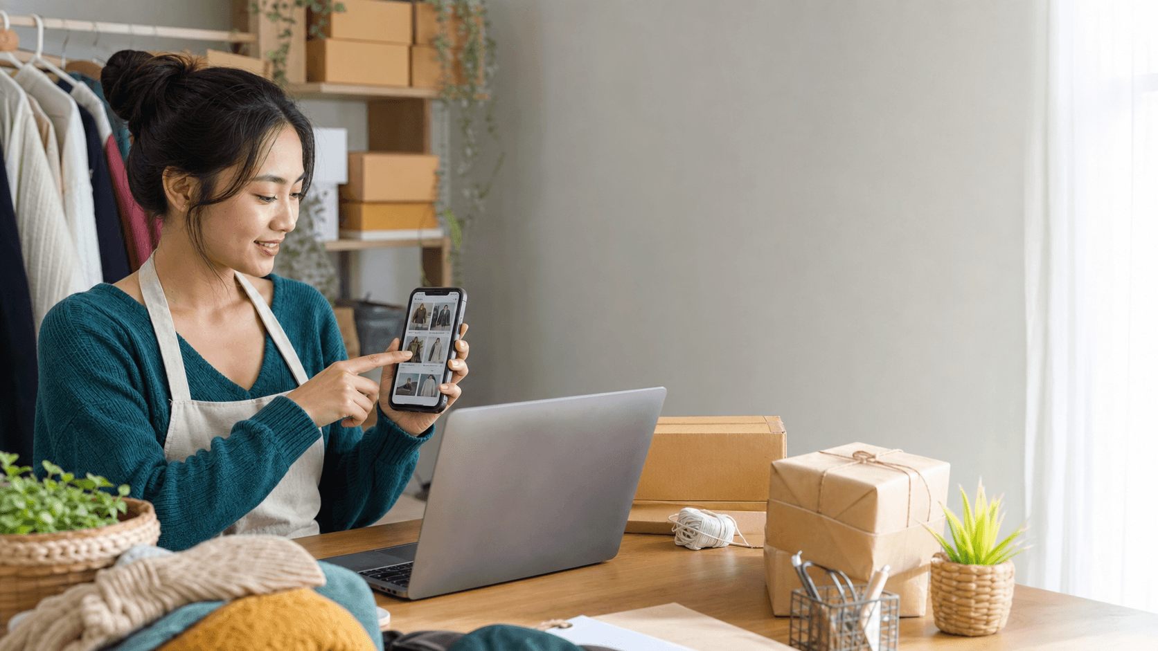 Pemilik UMKM menata katalog produk online gratis dari ponsel dan laptop