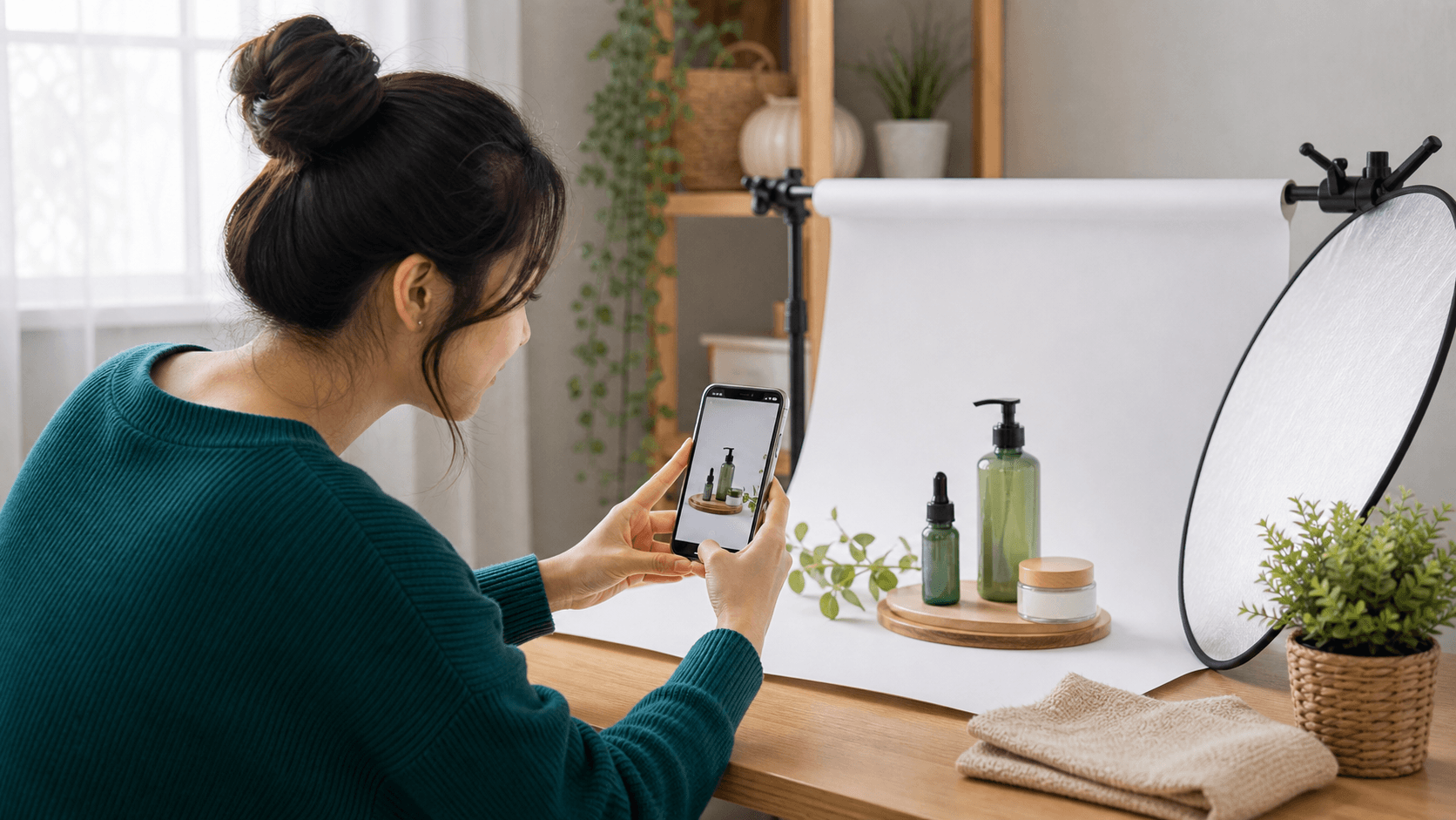 Pemilik usaha memotret produk dengan HP di mini studio sederhana