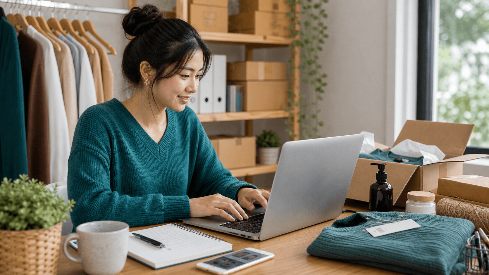 Pemilik usaha menulis deskripsi produk katalog online di laptop