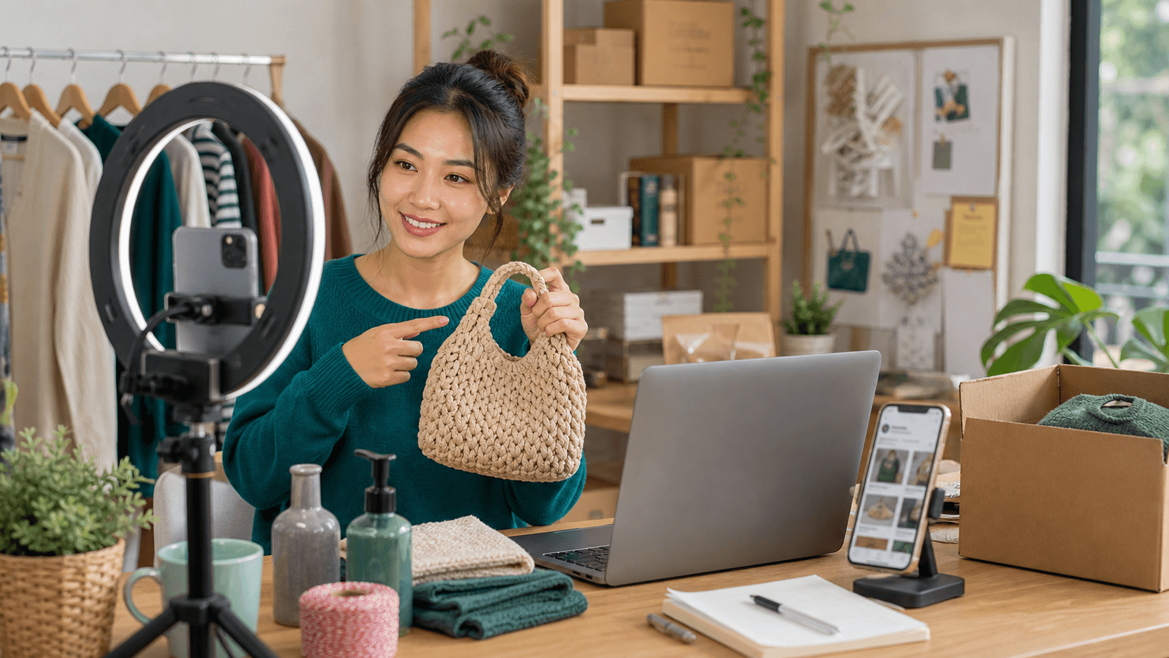 Penjual menyiapkan konten media sosial untuk mempromosikan link katalog