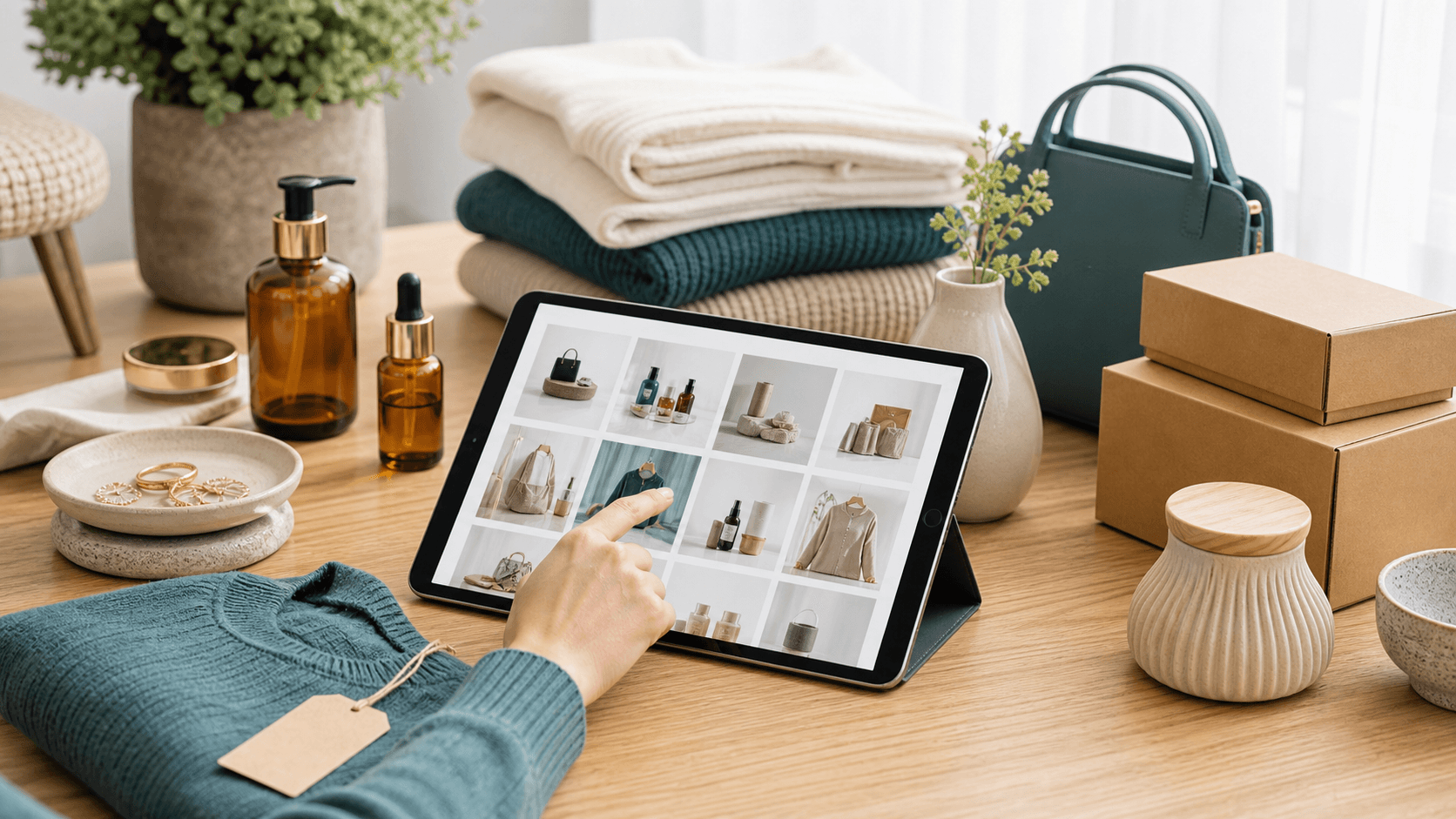 Tablet menampilkan katalog produk online rapi di samping produk yang ditata menarik