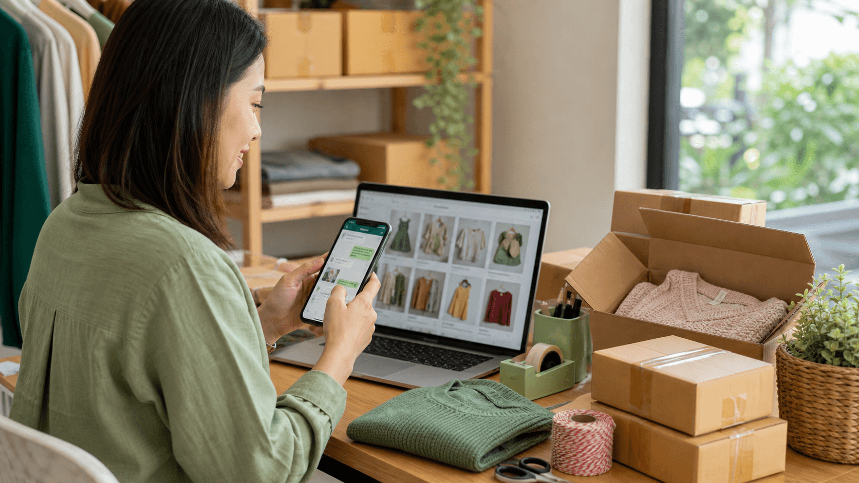 Penjual online menerima pesanan WhatsApp dari katalog produk di meja packing
