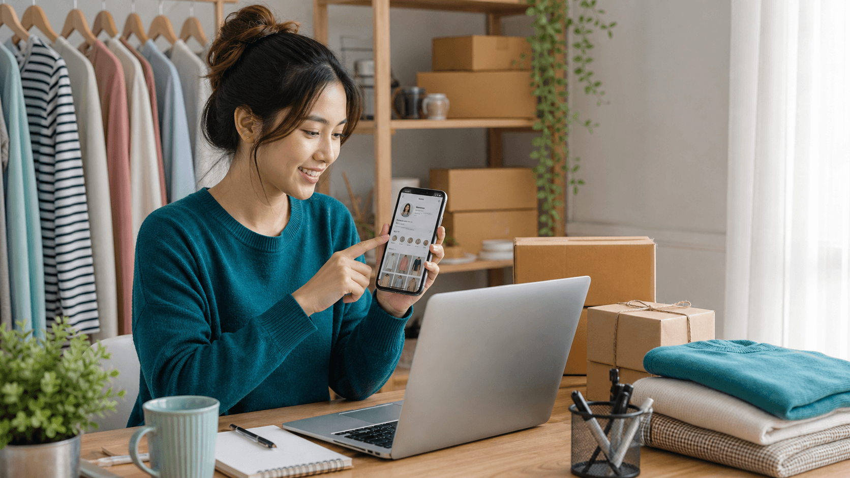 Reseller mengecek link bio katalog dari ponsel di ruang kerja kecil