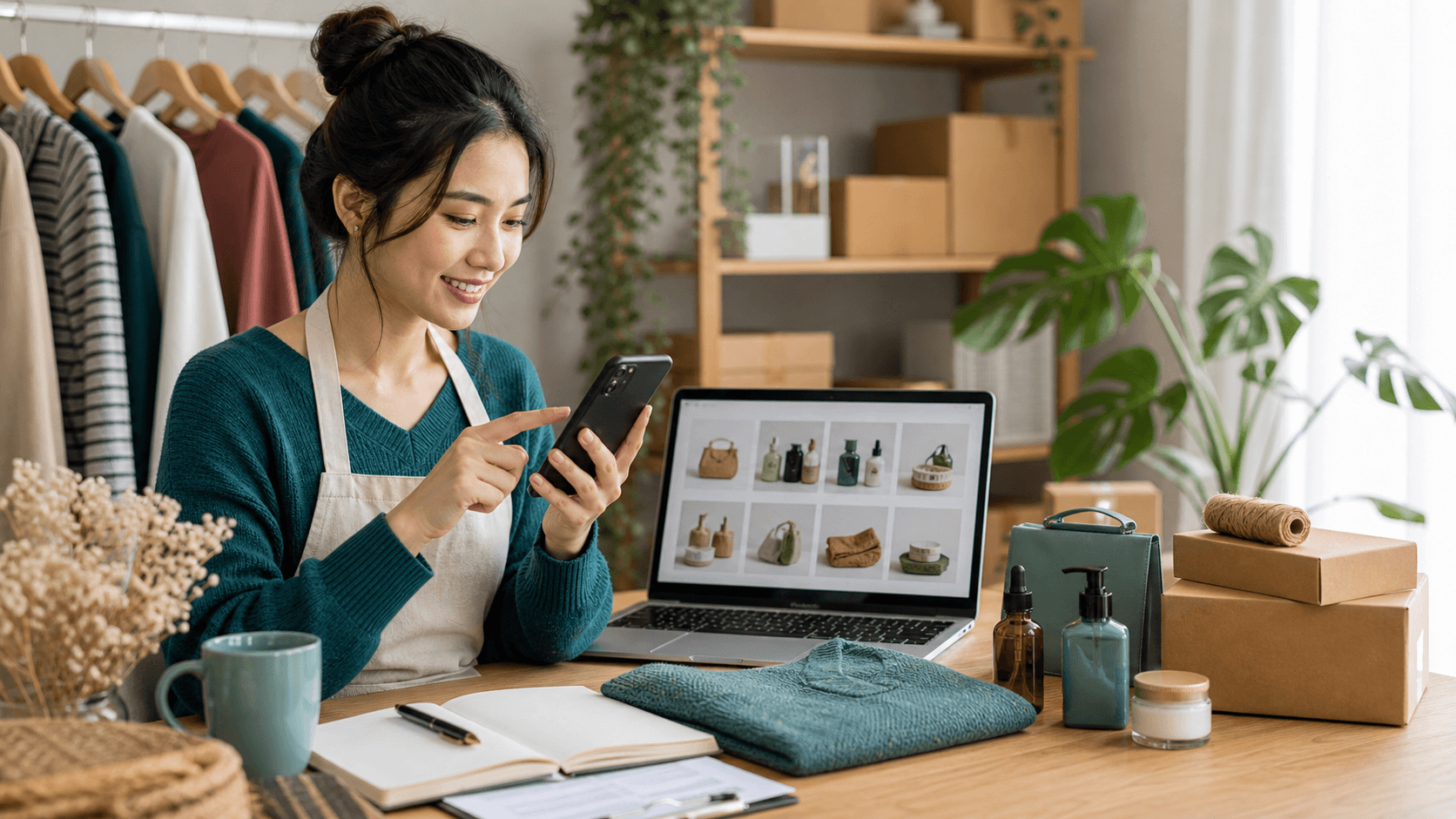 Pemilik UMKM membagikan link katalog gratis dari ponsel di meja kerja kecil