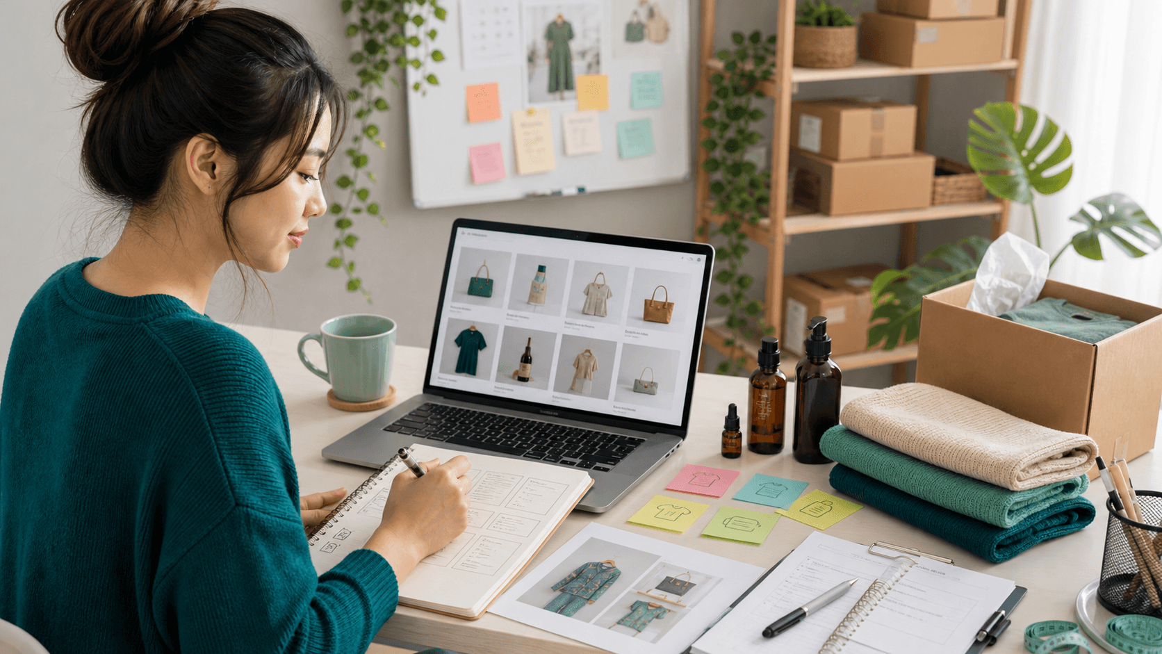 Pemilik bisnis menyusun template katalog online gratis di laptop dengan catatan produk